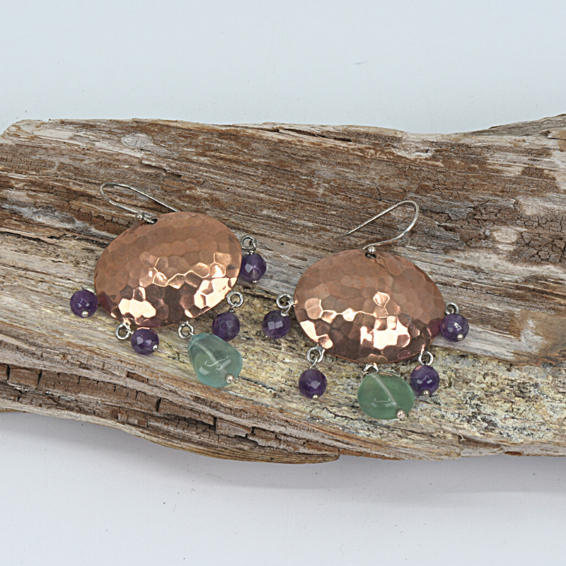 Hammered copper earrings with with fluorite and amethyst stones on sterling silver ear hooks. Designed and handcrafted by Ula Frou creator Sadie Hodson on Salt Spring Island.